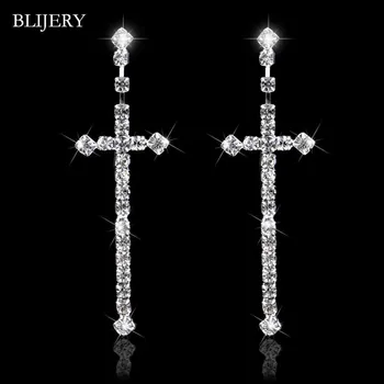 Длинные серьги со стразами в форме креста серебристого цвета BLIJERY для женщин, сверкающие хрустальные висячие серьги для новобрачных, свадебные украшения