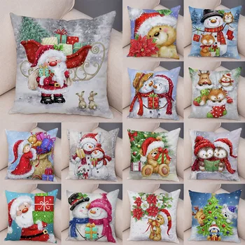 Счастливого Рождества, милый чехол для подушки с принтом Санта-Клауса и Снеговика из мультфильма для украшения дивана в гостиной, подушка 