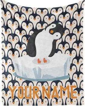 Персонализированное одеяло с изображением пингвина, подарки с именем, Милое одеяло для взрослых и детей, белые Мягкие плюшевые одеяла для дивана