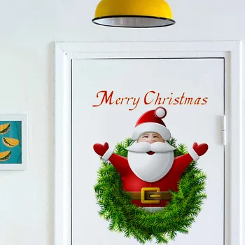 Новая наклейка на стену Санта-Клауса, Зеленый Растительный Венок, наклейки на стену, Новогодний подарок, Украшение Рождественской вечеринки, Декор домашнего окна, двери.